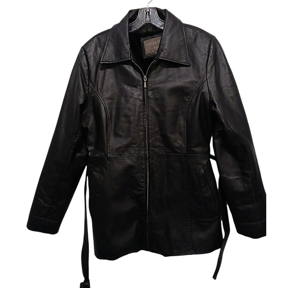 Oscar Piel Leather Jacket w Removable Liner Faux Fur Sz M Black Classic Preppy - Picture 2 of 16